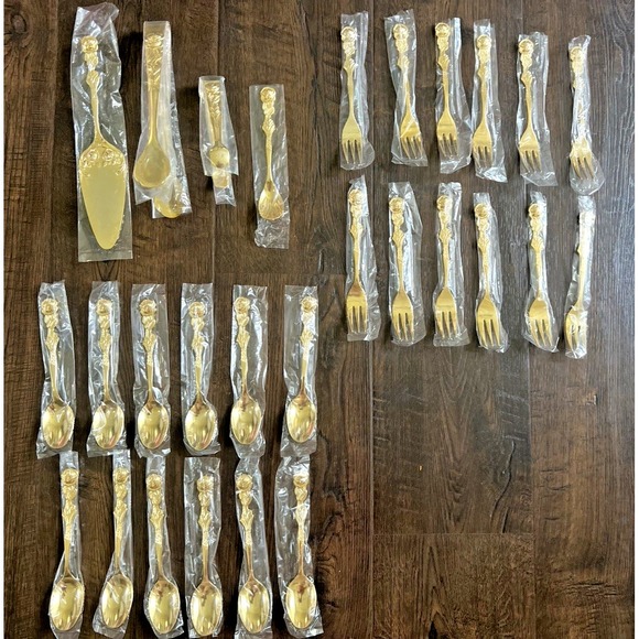 Other - Vintage Flatware Set Gold Plated Romantic Rose Dessert 28 Pc EP SS Japan NOS